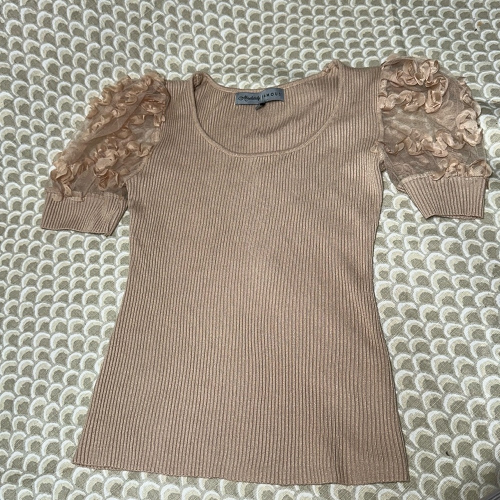 Almost Famous Tan Ribbed Blouse with Sheer Sleeves